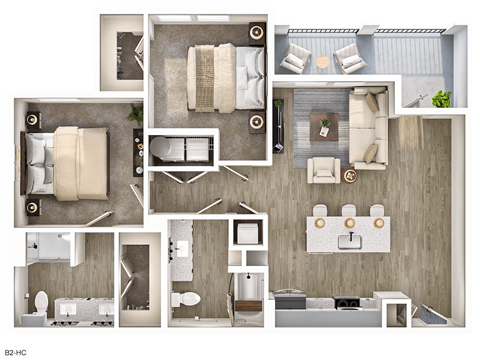 Floor plan for 2 beds, 2 baths, 1074 sqft